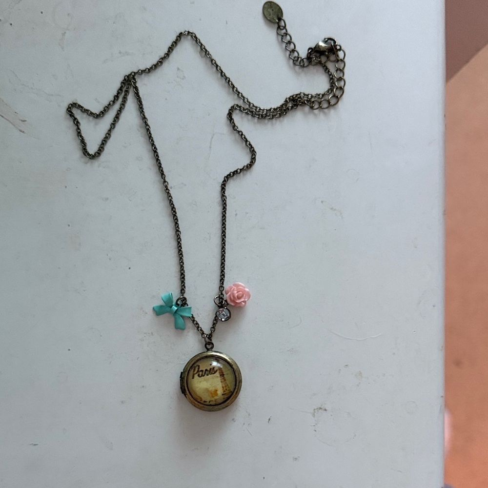 Vintage Paris Locket Necklace with Pink and Blue Accents